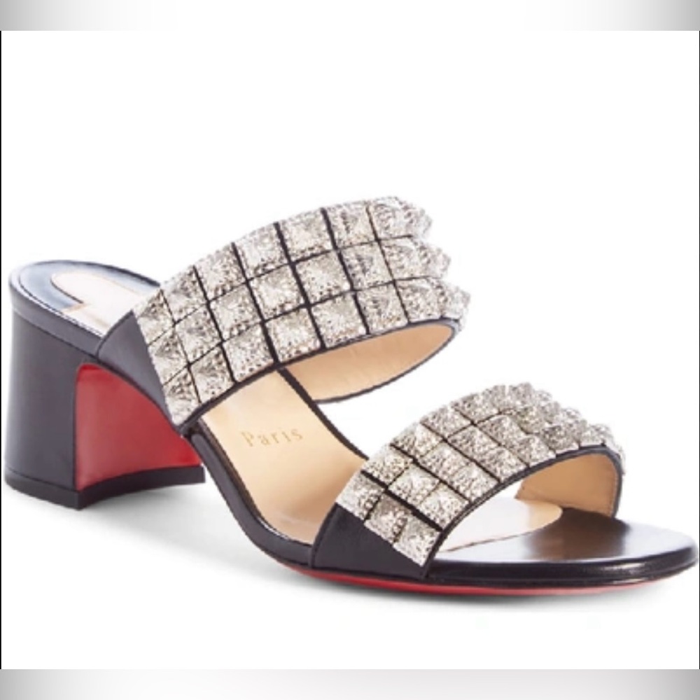 EUC Louboutin Red Bottom Studded Myriadiam 55 Block Heel Sandal